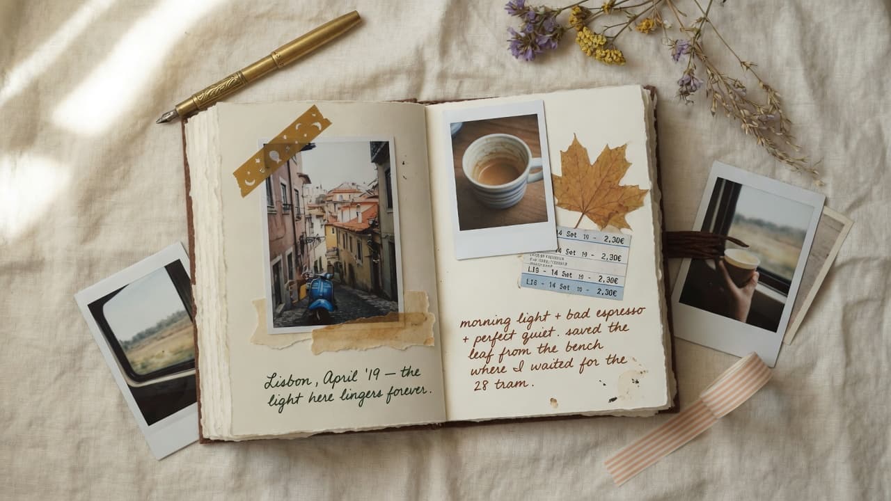 An open handmade scrapbook journal on a cream linen surface, with photographs tucked under washi tape, handwritten notes, dried flowers, and a brass pen scattered around.